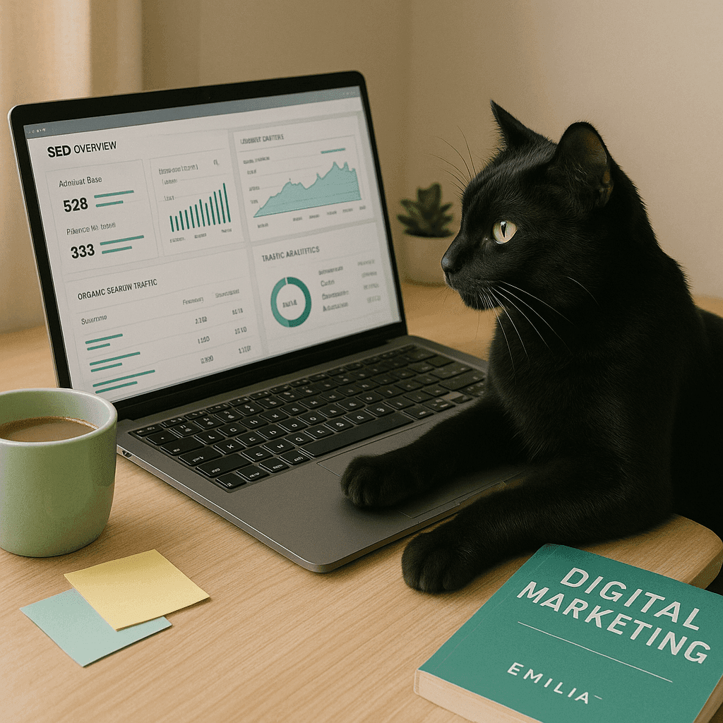 Black cat reviewing website analytics on a laptop with digital marketing charts.