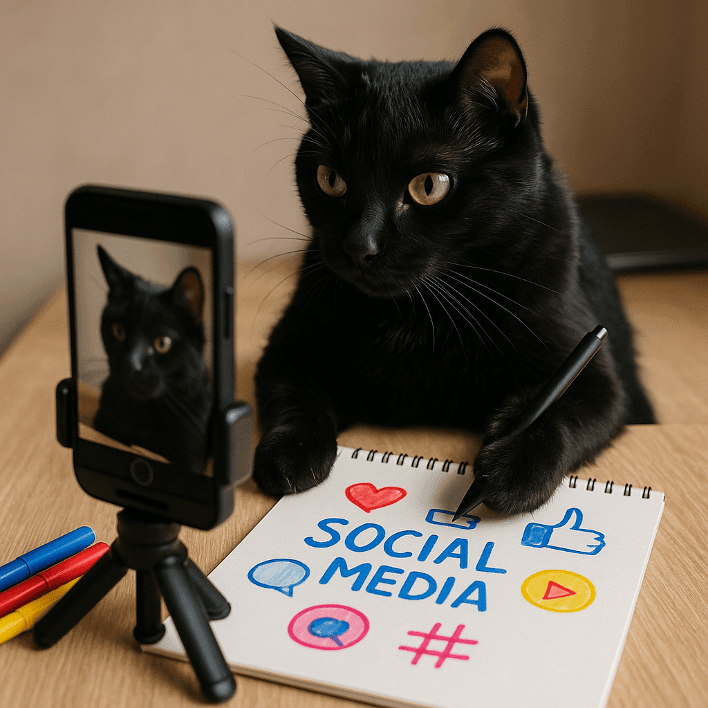 Black cat holding a pen and sitting in front of a phone recording video labeled 'Social Media'.