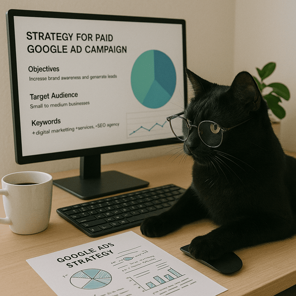 Black cat with glasses sitting at a computer with a Google Ads strategy on screen.