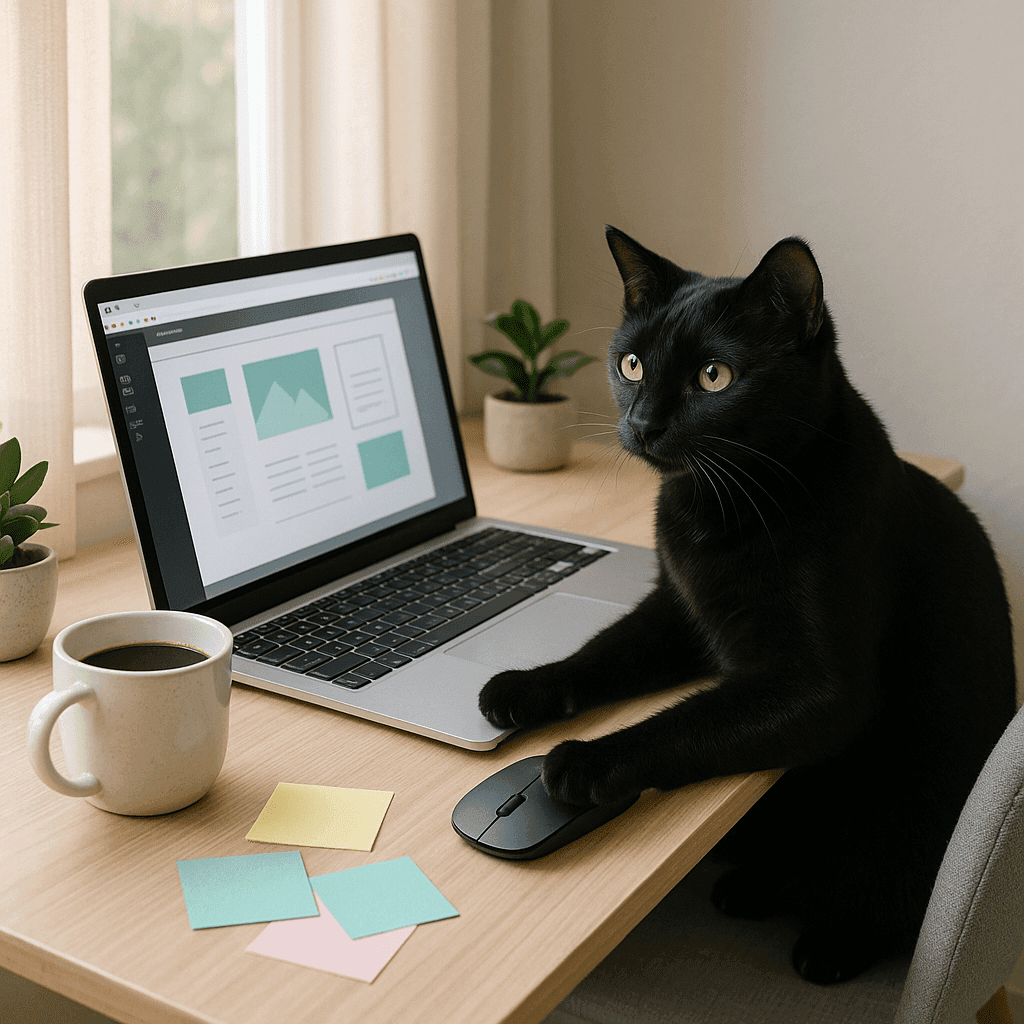 Black cat using a laptop to design a website layout.