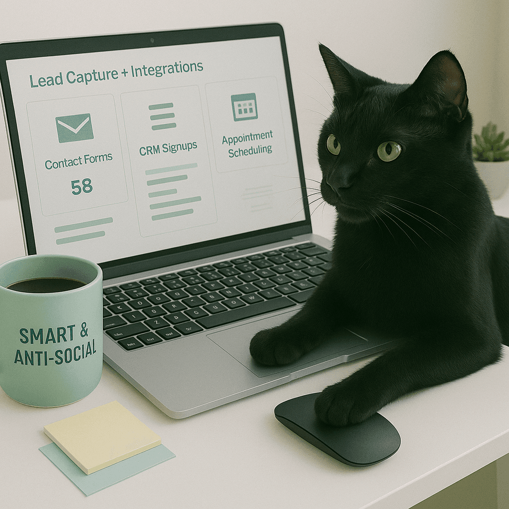 Black cat with a mouse beside a laptop showing lead capture integrations.