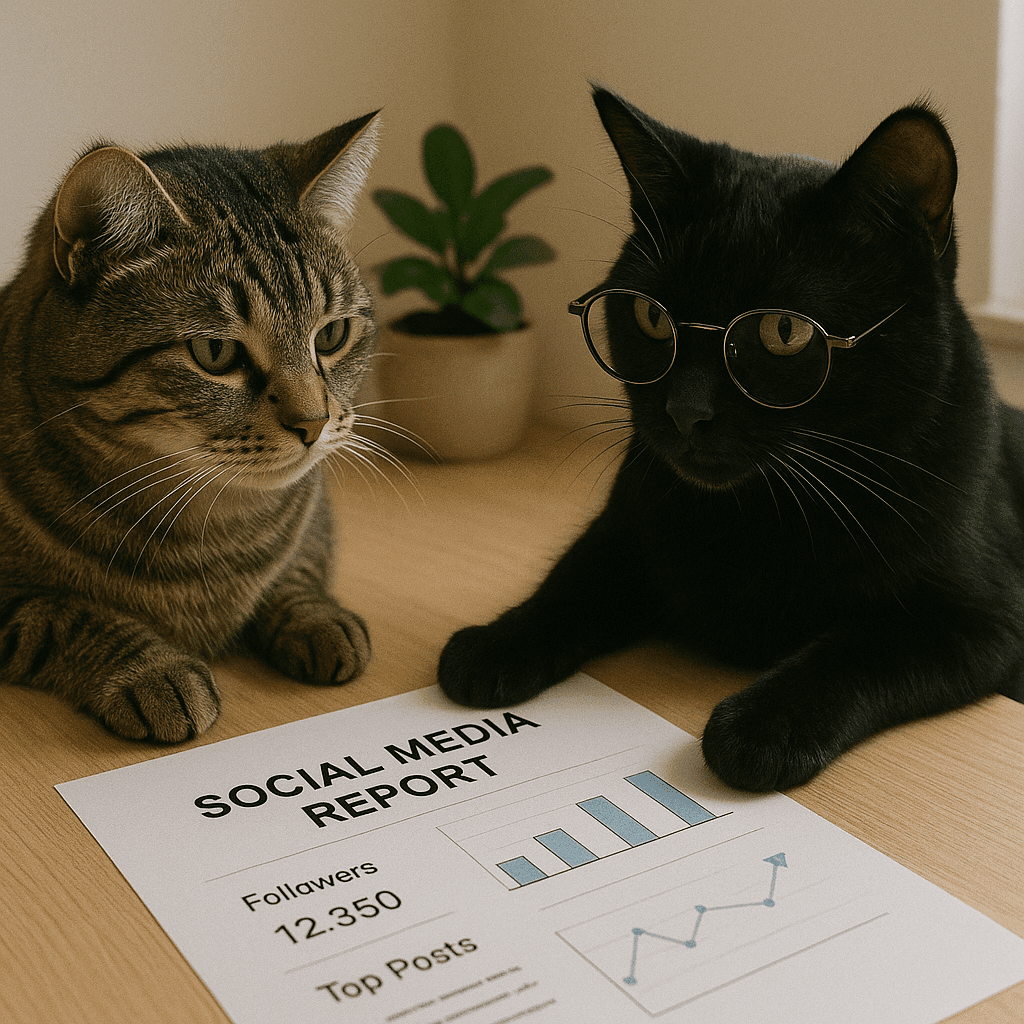 Black cat and tabby cat looking at a social media report together on a desk.