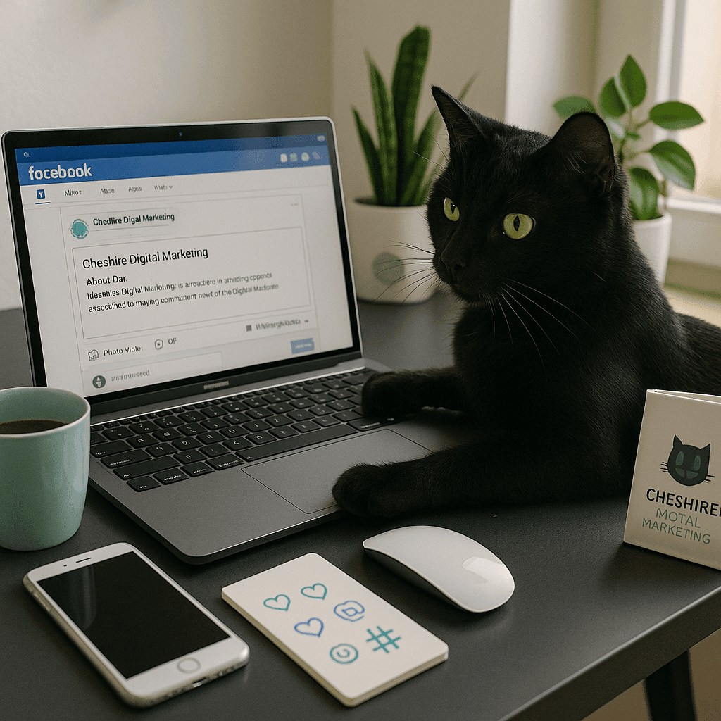 Black cat sitting at a laptop with Facebook open, surrounded by social media tools.